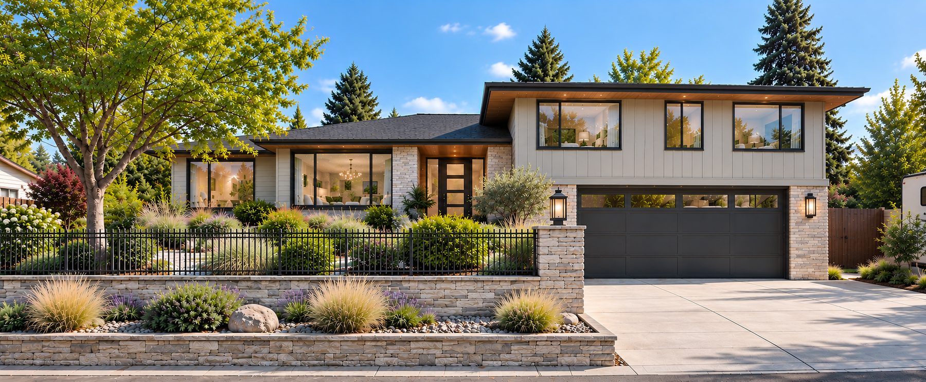 Rendering of the proposed Phase 2 exterior of The Aurora, with stone veneer and a two-car garage