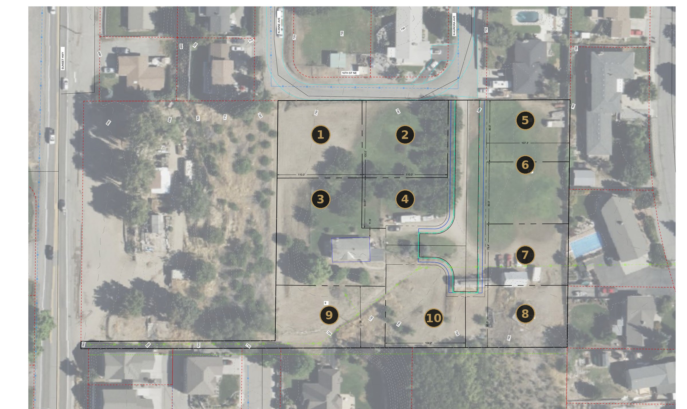 Preliminary lot plan for Aurora Heights showing ten homesites off N Aurora Ave and 16th St NE in East Wenatchee