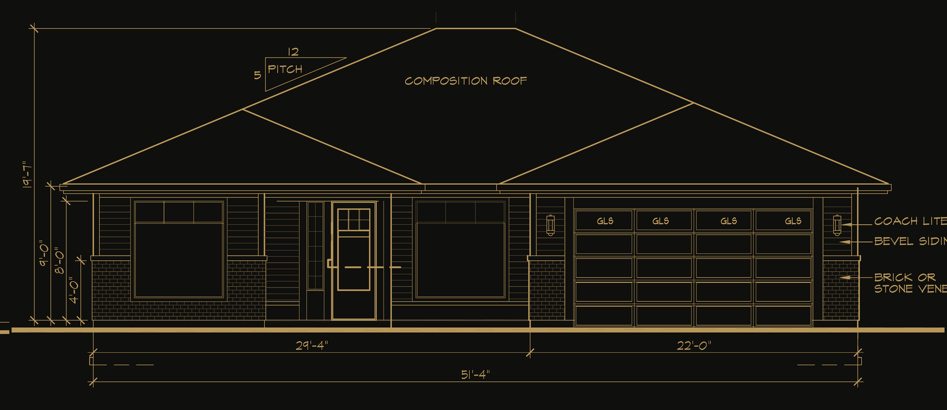 Front elevation of The Brianna, a single-level home with a hip roof, brick or stone veneer, bevel siding and a two-car garage