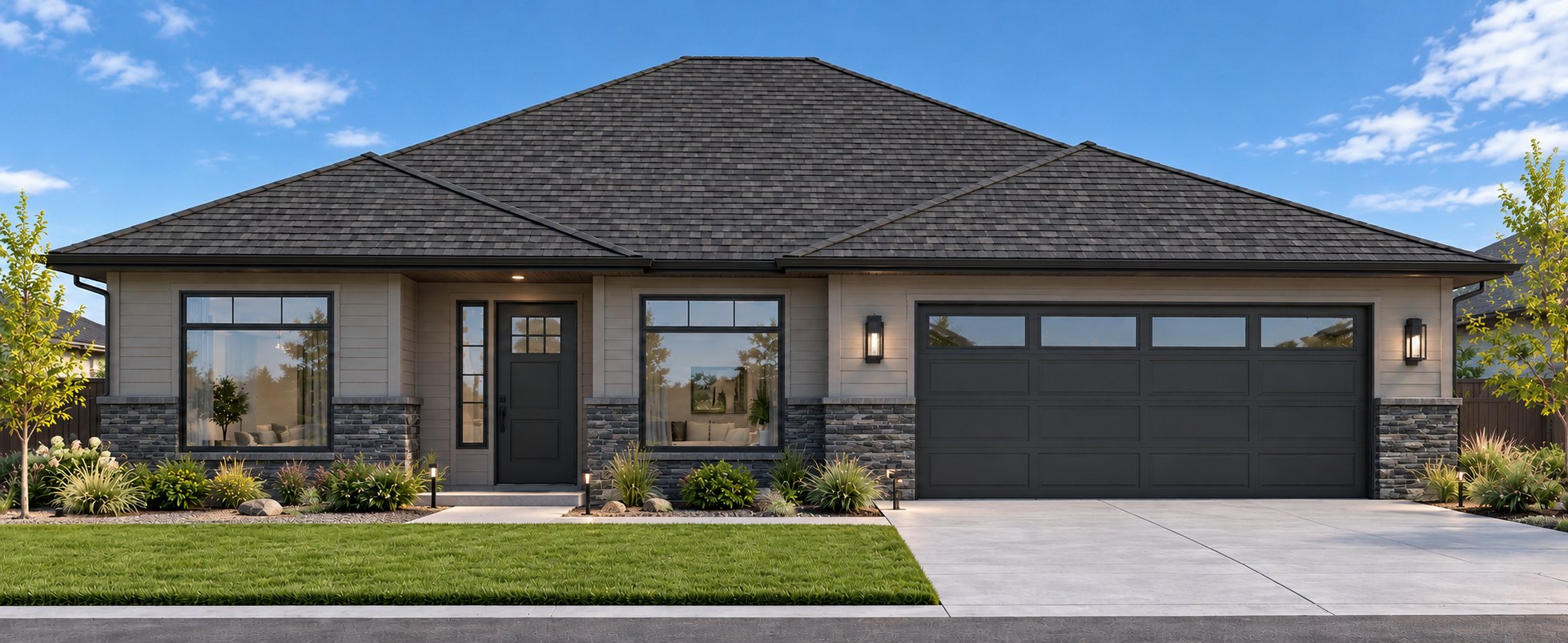 Artist's rendering of The Brianna, a single-level home with a hip roof, stone veneer and a two-car garage